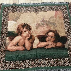 Raphael cherub Woven Decorative Throw Blanket - Green and beige 52x57